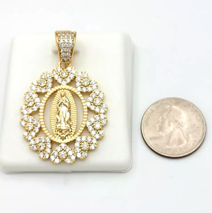 14K Gold Plated Our Lady Guadalupe Icy Pendant Heart Necklace Virgen Guadalupana