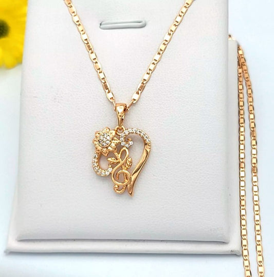 18K Gold Plated Jewelry - Heart Sunflower - CZ Pendant Necklace. Oro laminado