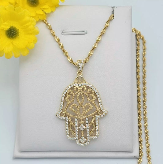 14K Gold Plated Hamsa Hand & Evil Eye Charm Pendant Necklace Fatima Oro Laminado