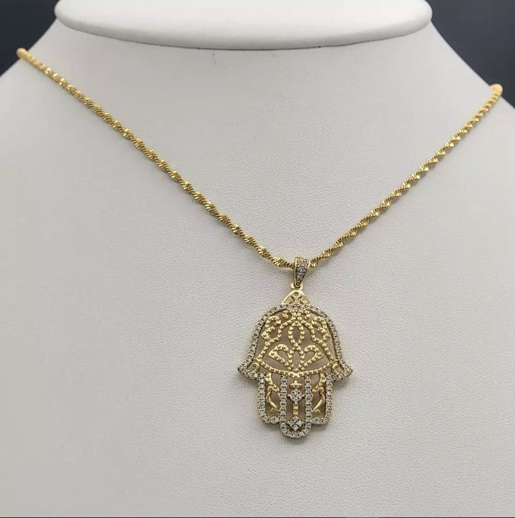 14K Gold Plated Hamsa Hand & Evil Eye Charm Pendant Necklace Fatima Oro Laminado