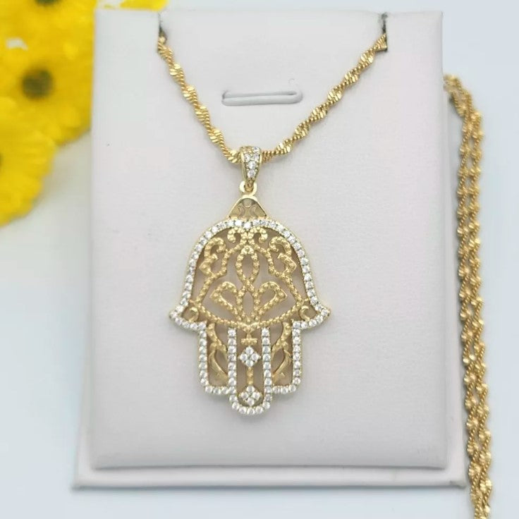 14K Gold Plated Hamsa Hand & Evil Eye Charm Pendant Necklace Fatima Oro Laminado