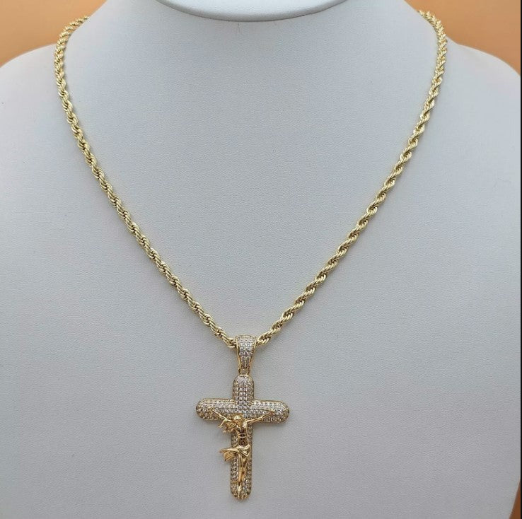 14K Gold Plated Crucifix Cross Pendant Crystal Necklace Chain Set Oro laminado