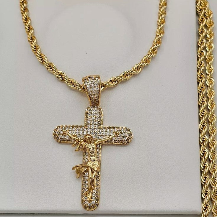 14K Gold Plated Crucifix Cross Pendant Crystal Necklace Chain Set Oro laminado