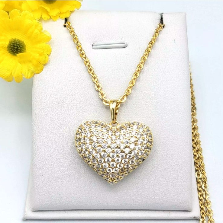 14K Gold Plated Crystal Puffed Icy LOVE HEART Pendant & Chain Necklace