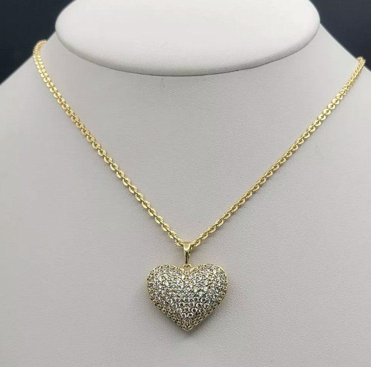 14K Gold Plated Crystal Puffed Icy LOVE HEART Pendant & Chain Necklace