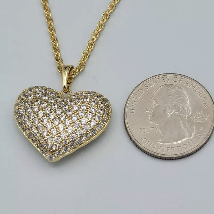 14K Gold Plated Crystal Puffed Icy LOVE HEART Pendant & Chain Necklace