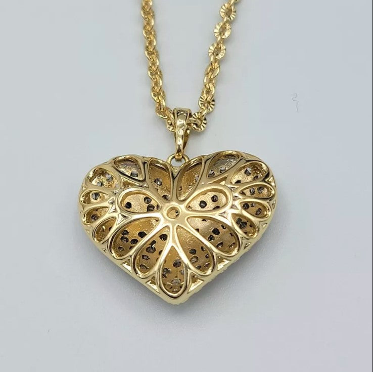 14K Gold Plated Crystal Puffed Icy LOVE HEART Pendant & Chain Necklace