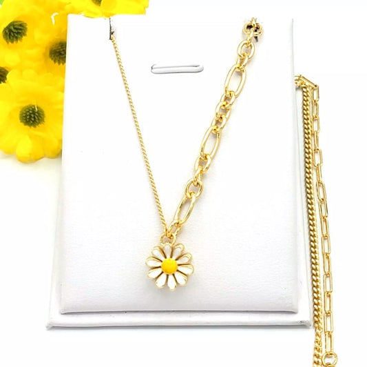 14K Gold Plated White Daisy Flower Charm Pendant Fancy Chain Necklace