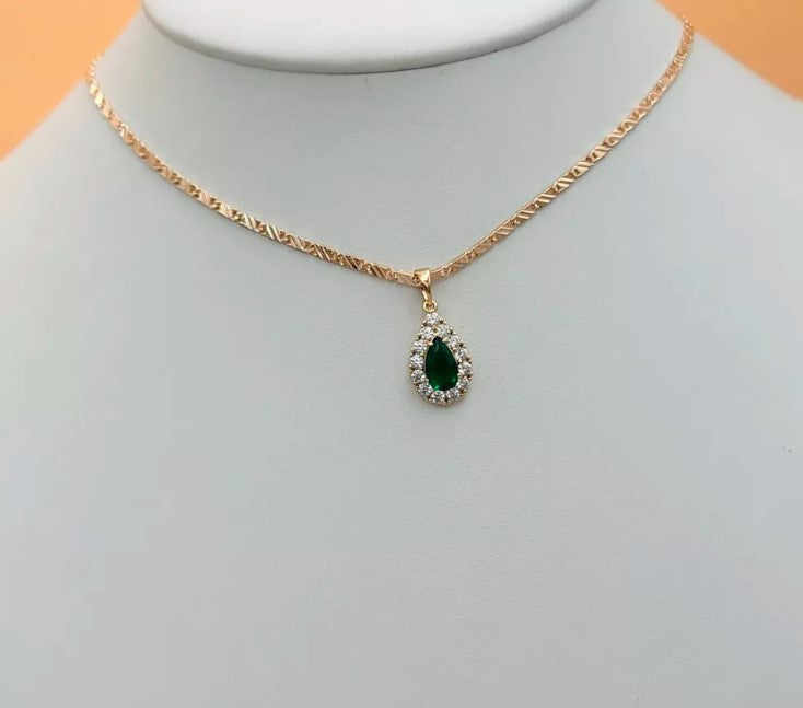 18K Gold Plated Green Drop Crystal Set Pendant Chain Earrings. Elegant