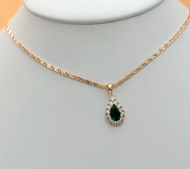 18K Gold Plated Green Drop Crystal Set Pendant Chain Earrings. Elegant