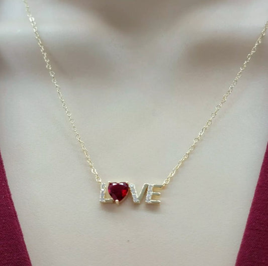 14K Gold Plated. LOVE Word Red Heart Cubic Zirconia CZ Crystal Pendant Necklace