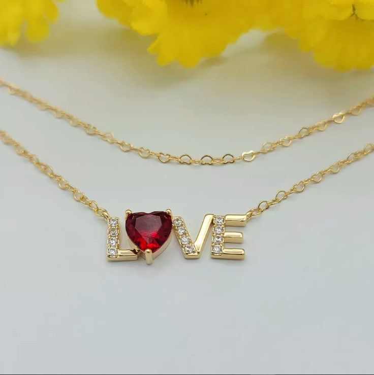 14K Gold Plated. LOVE Word Red Heart Cubic Zirconia CZ Crystal Pendant Necklace