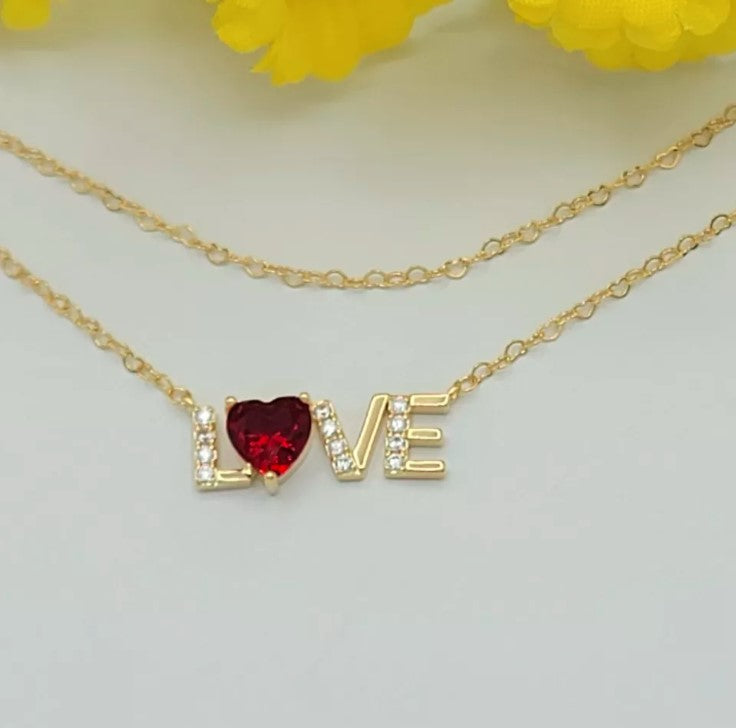 14K Gold Plated. LOVE Word Red Heart Cubic Zirconia CZ Crystal Pendant Necklace