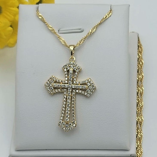 14K Gold Plated Iced Cross Pendant Crystal Necklace & 18in Chain Oro laminado