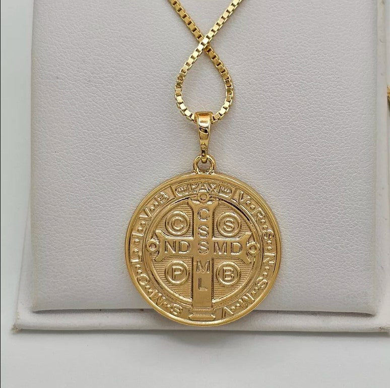 14K Gold Plated Saint Benedict Double Sided Pendant. Medalla de San Benito