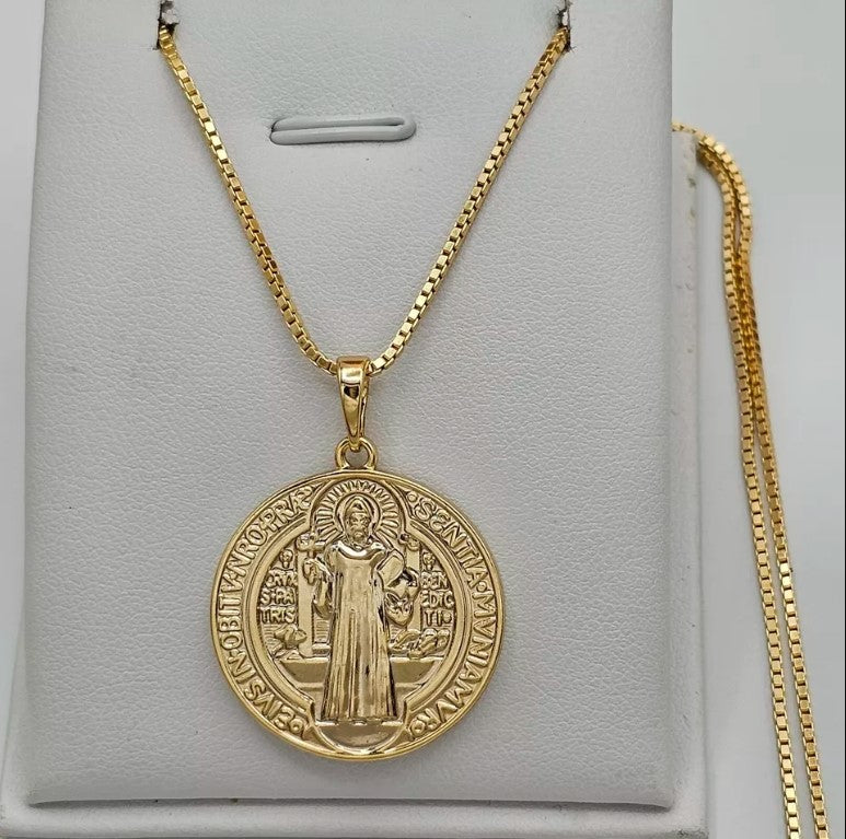 14K Gold Plated Saint Benedict Double Sided Pendant. Medalla de San Benito