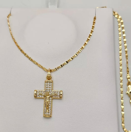 14K Gold Plated Crucifix Cross Pendant Necklace Chain Set