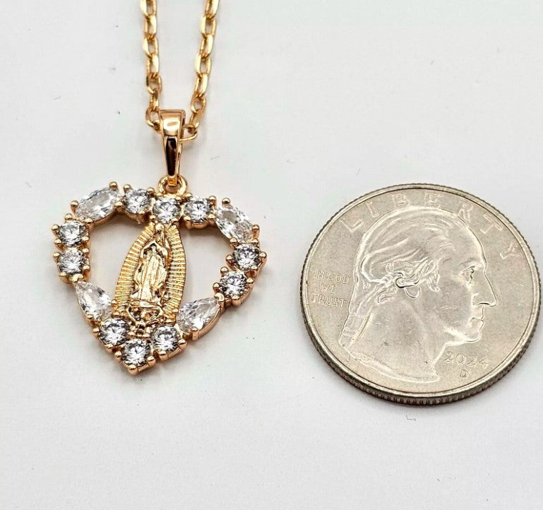 18K Gold Plated Our Lady Virgen Guadalupe Heart Pendant - Chain & Earrings Set